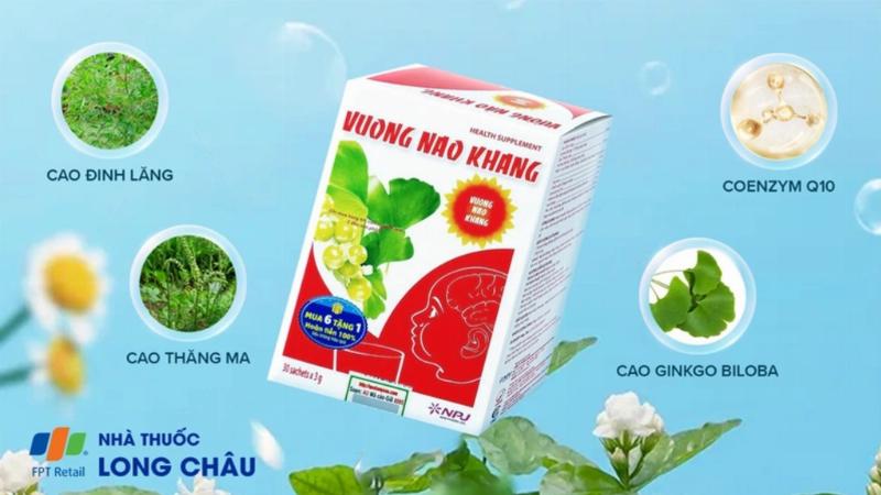 Hộp vương não khang với hình ảnh các thành phần chính như đinh lăng, bạch quả, việt quất